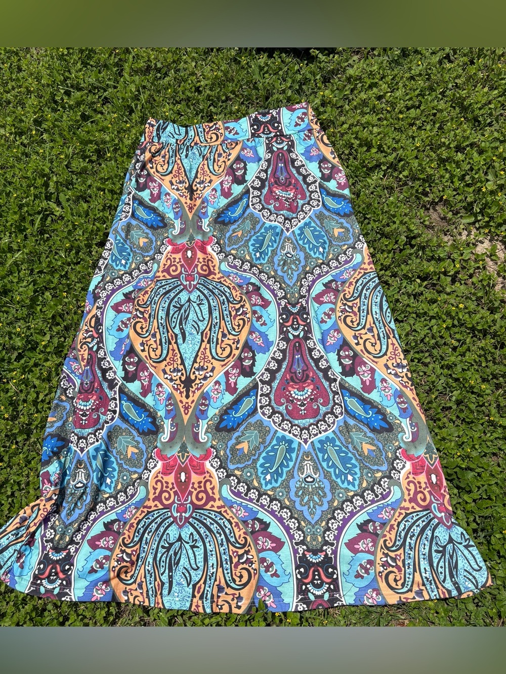 Amazon Bohemian Paisley Maxi Skirt in Turquoise, Orange, Blue, Burgundy